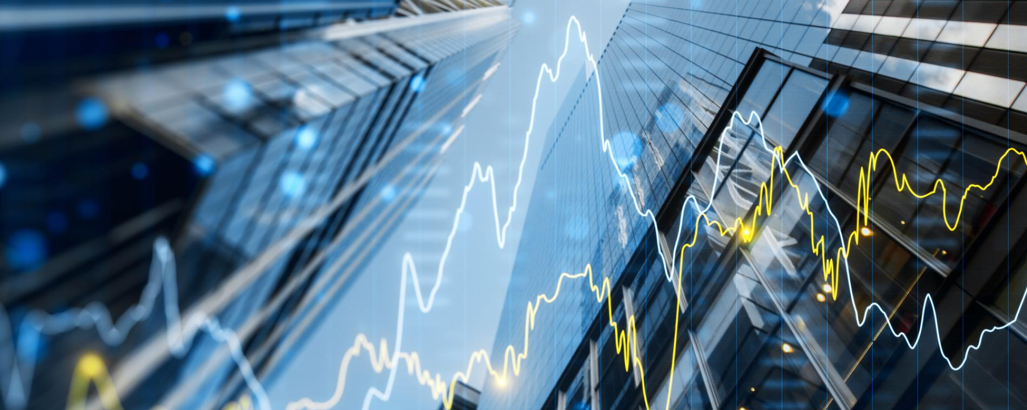 Stock chart overlayed on finance buildings