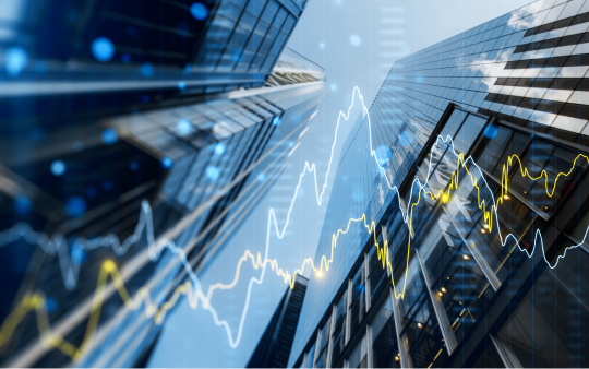 stock ticker over office buildings