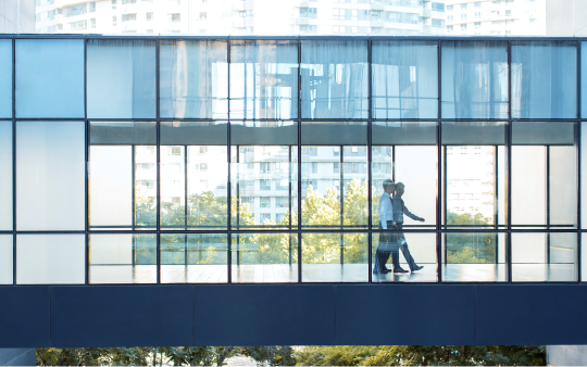 two people walk on glass overpass bridge